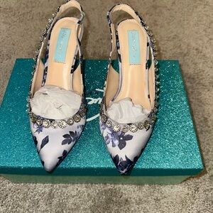 Blue by Betsey Johnson Blue Heels with Floral Design and Pointed Toe